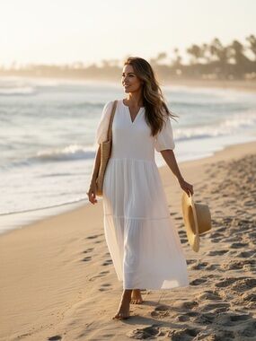Caslon White Tiered Midi Dress with Puff Sleeves